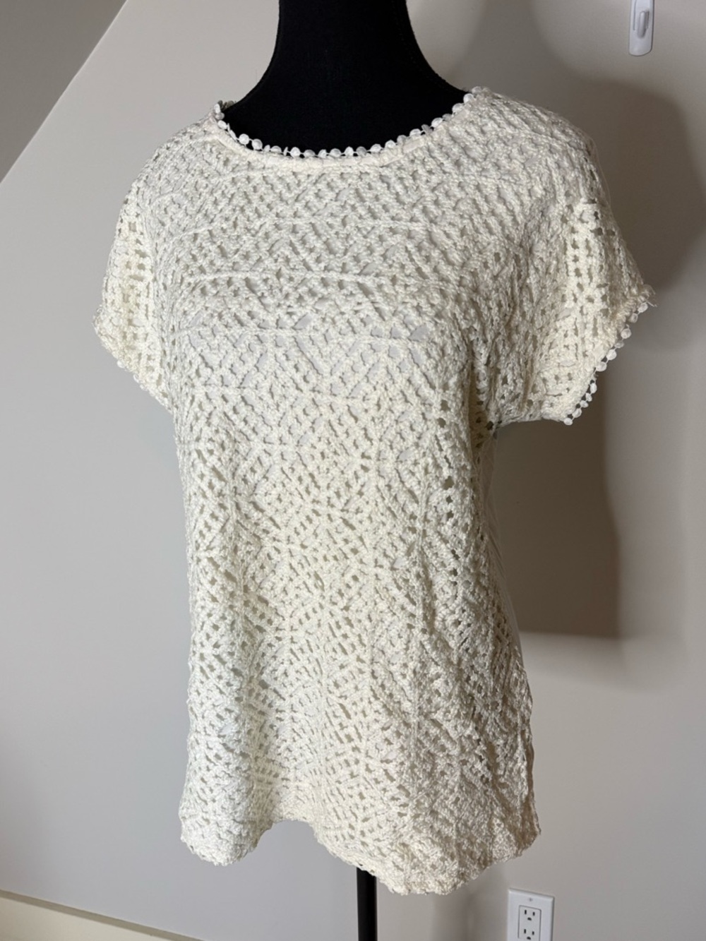 CABLE & GAUGE Cream Crochet Knit Short Sleeve Top Tee Boho Size Large - Picture 3 of 12